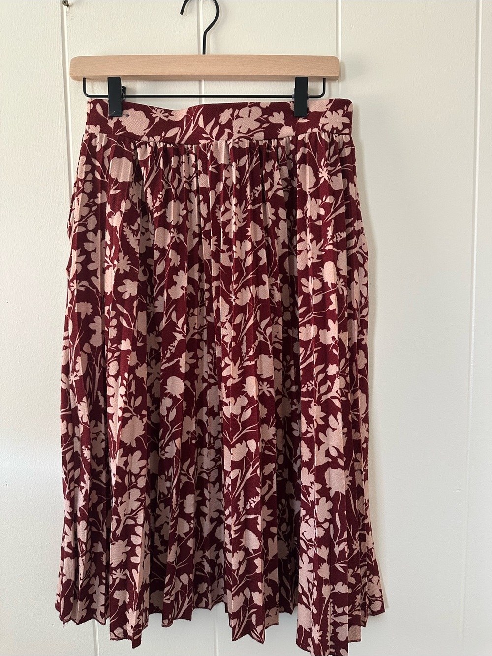 Women's Floral Pleated Midi Skirt - Burgundy and Cream